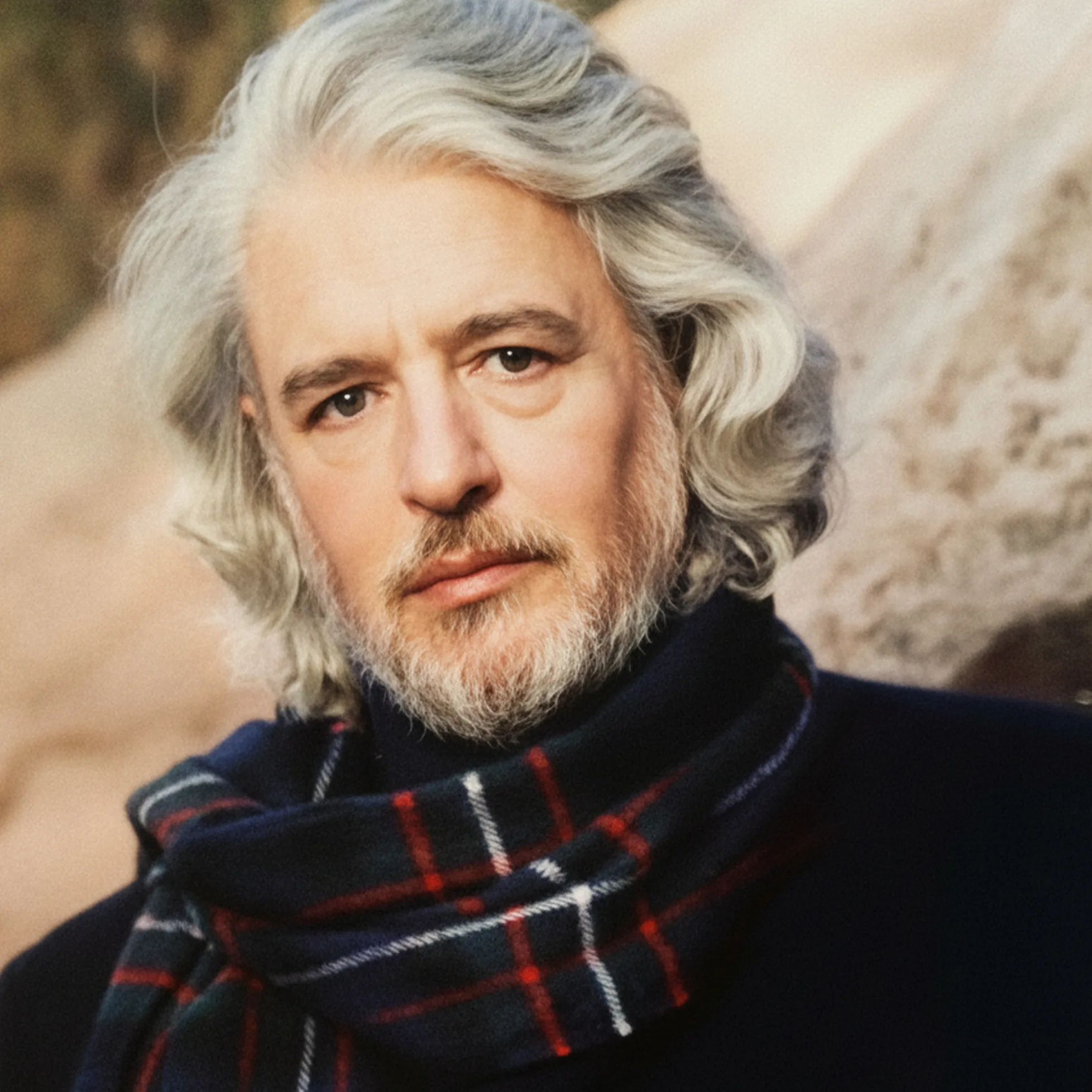 Gerry Goffin portrait with gray hair and scarf.