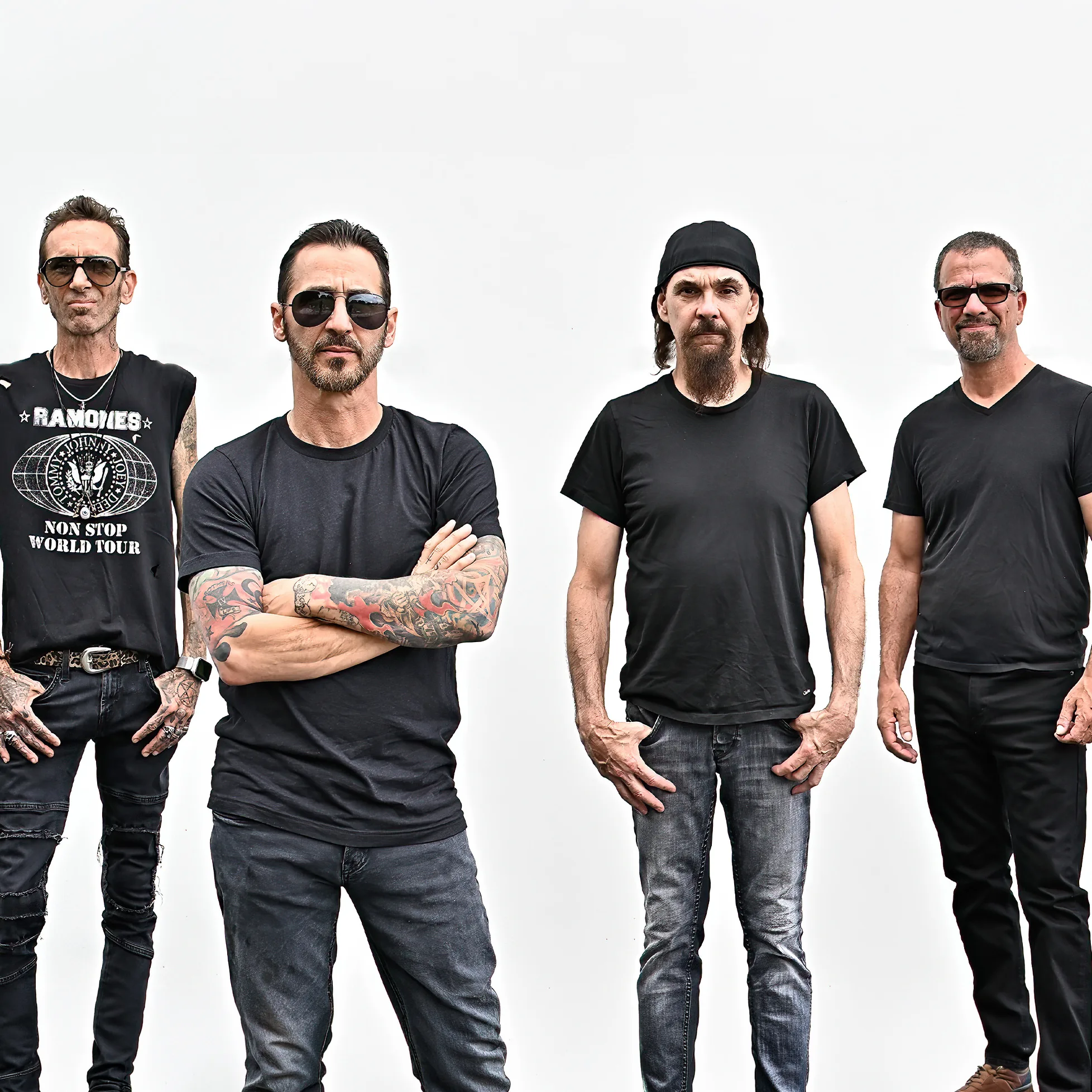 Godsmack band members in black.