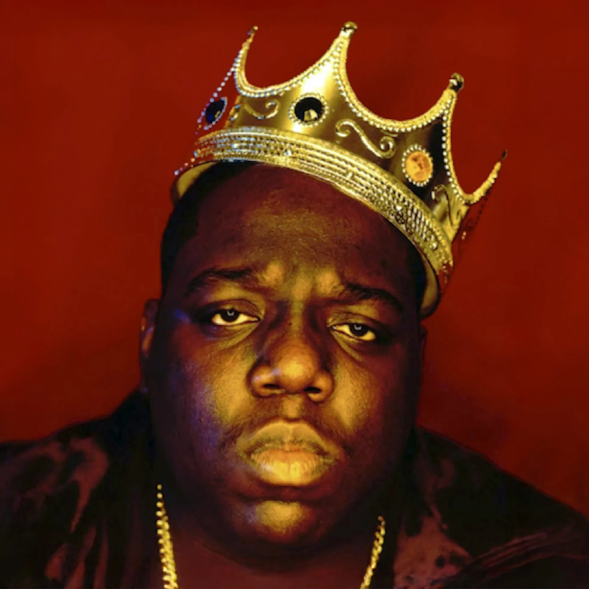 Notorious B.I.G. wearing a golden crown.