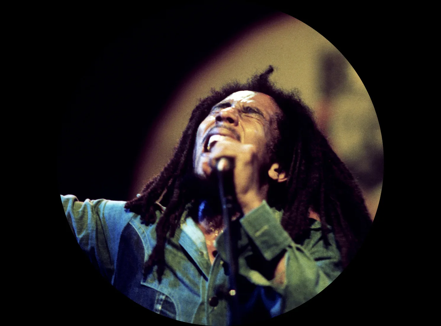 Bob Marley singing passionately on stage with microphone, circular portrait